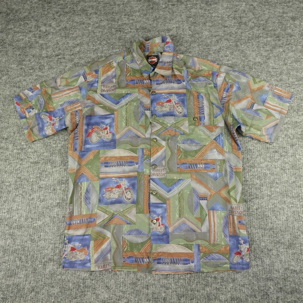 Vintage Harley Davidson Tori Richard Medium Blue Green Motorcycle Print All Over